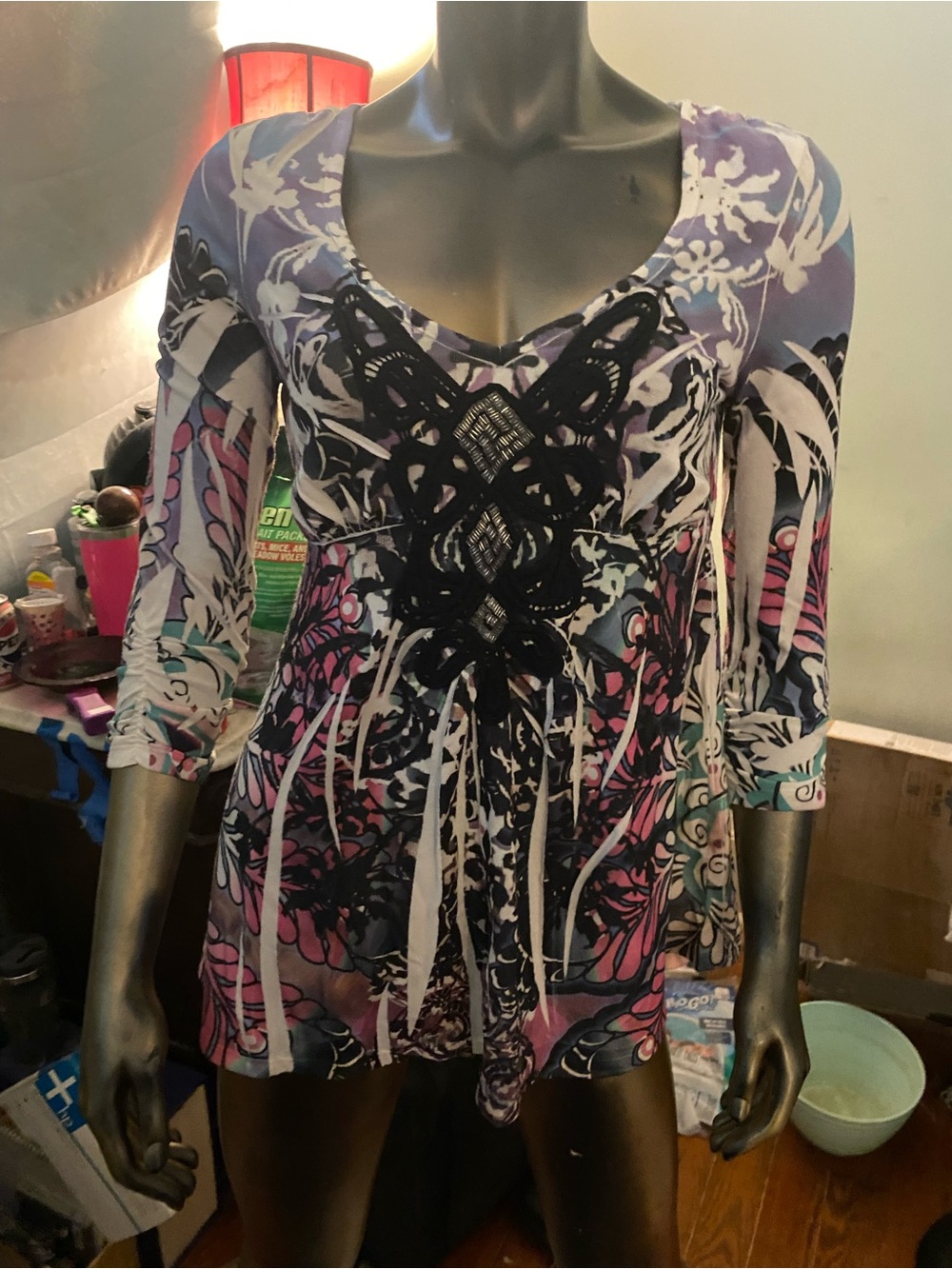 ONE WORLD Purple and Pink Floral Lace-Accent Tunic Top